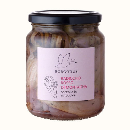 Vasetto in vetro di Radicchio Rosso di Montagna sott'olio in agrodolce con logo Borgo Dus (un'anatra in volo) e disegno di due cespi di radicchio.