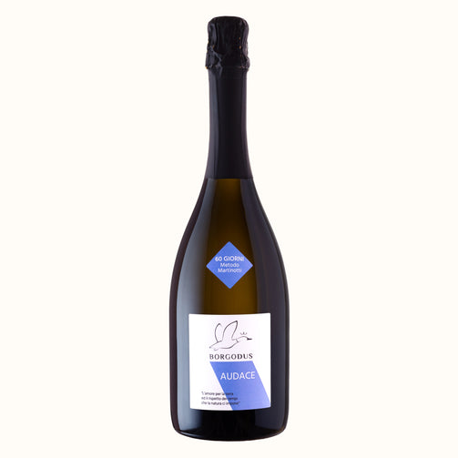 Bottiglia di vino spumante con etichetta bianca e blu. Sul fronte il logo di un'anatra in volo con sotto il nome "Audace". Inoltre è presente anche un bollino che indica "60 giorni di spumantizzazione".